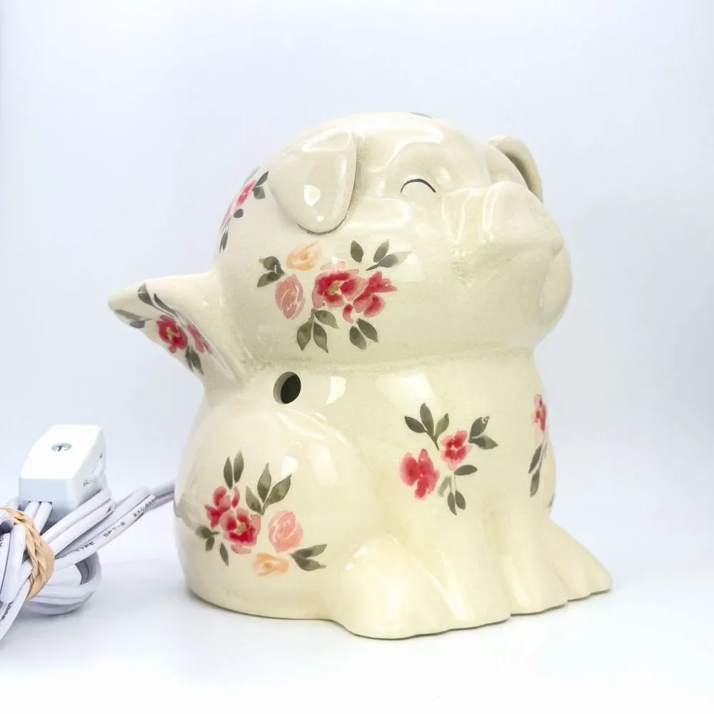 VTG. FLYING ANGEL PIG NIGHT LIGHT RED&PINK FLORAL CRACKLED FINISH WORKS GREAT.
